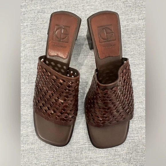 Cole Haan Angie brown woven leather heeled slide sandals - Picture 2 of 6